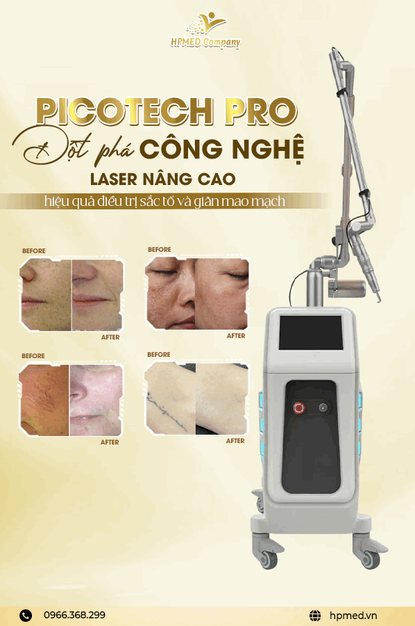 Máy laser trục khuỷu Picotech Pro điều trị sắc tố và giãn mao mạch kèm hình ảnh da trước sau