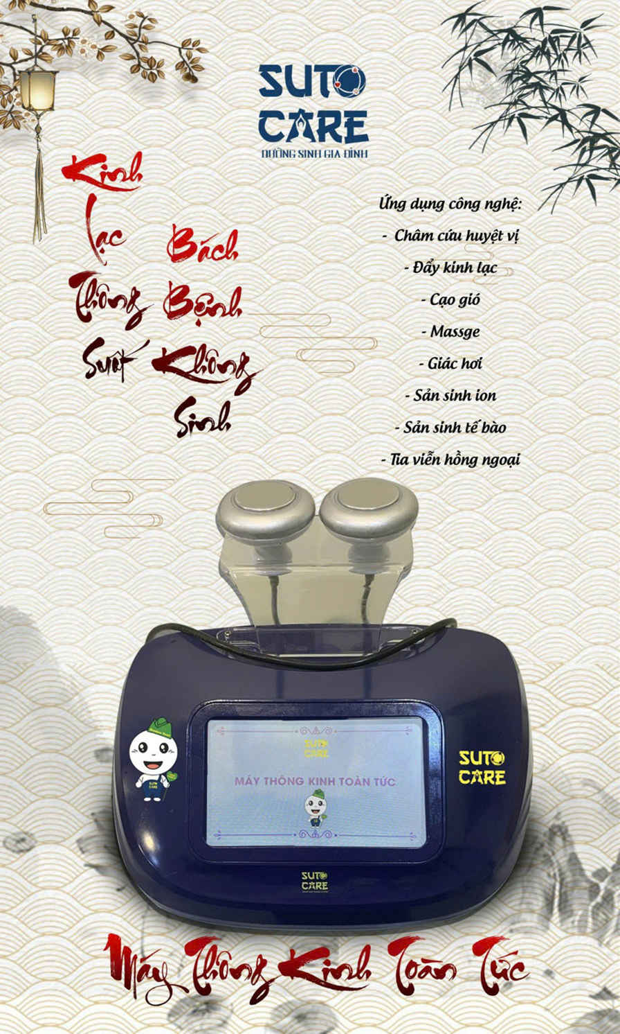 Máy thông kinh toàn tức Suto Care màu xanh đậm với hai đầu massage trị liệu trên nền họa tiết truyền thống