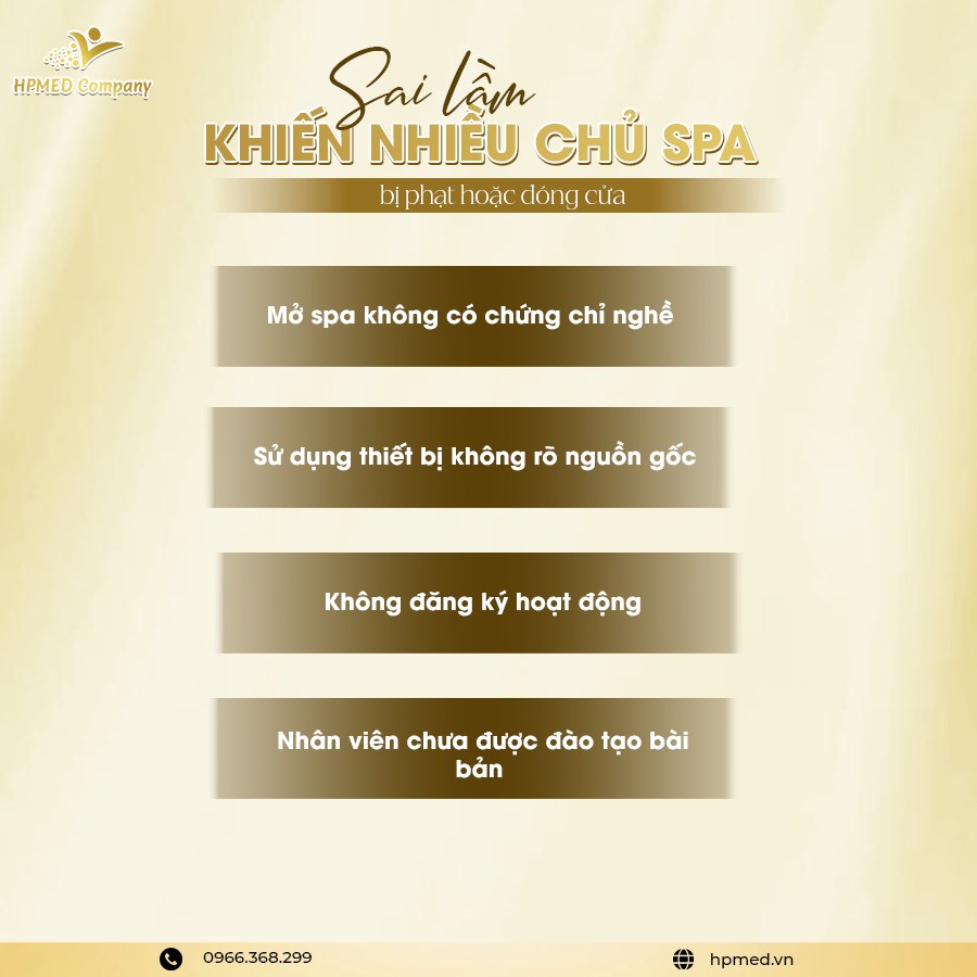 Infographic HPMED Company liệt kê các sai lầm khiến chủ spa bị phạt hoặc đóng cửa