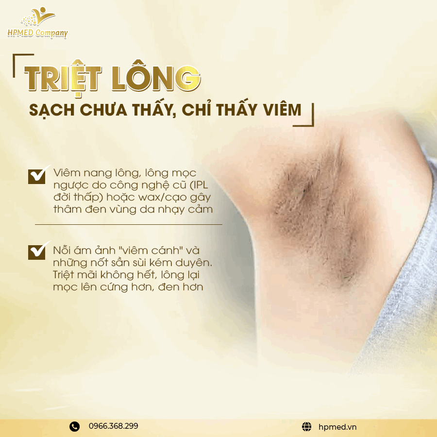Quảng cáo dịch vụ triệt lông nách HPMED Company với hình ảnh vùng da dưới cánh tay bị thâm và viêm