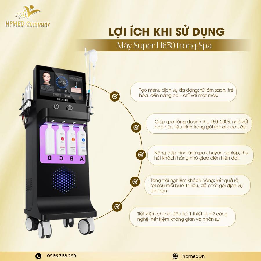 Máy Super H650 chăm sóc da spa đa chức năng của HPMED Company với màn hình lớn và nhiều bình dung dịch