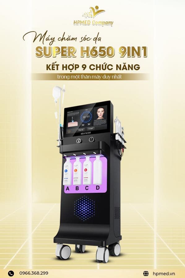 Máy chăm sóc da Super H650 9in1 đa chức năng màu đen của HPMED Company trên nền vàng