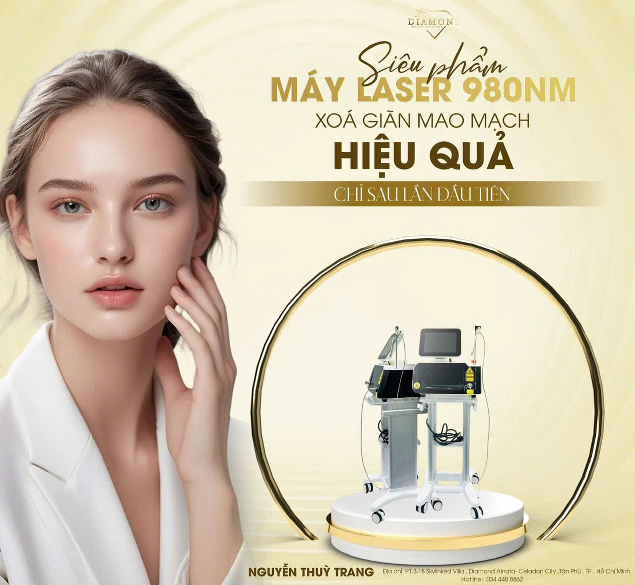 Máy laser 980nm xóa giãn mao mạch thẩm mỹ da mặt, hình ảnh máy và người mẫu da sáng mịn