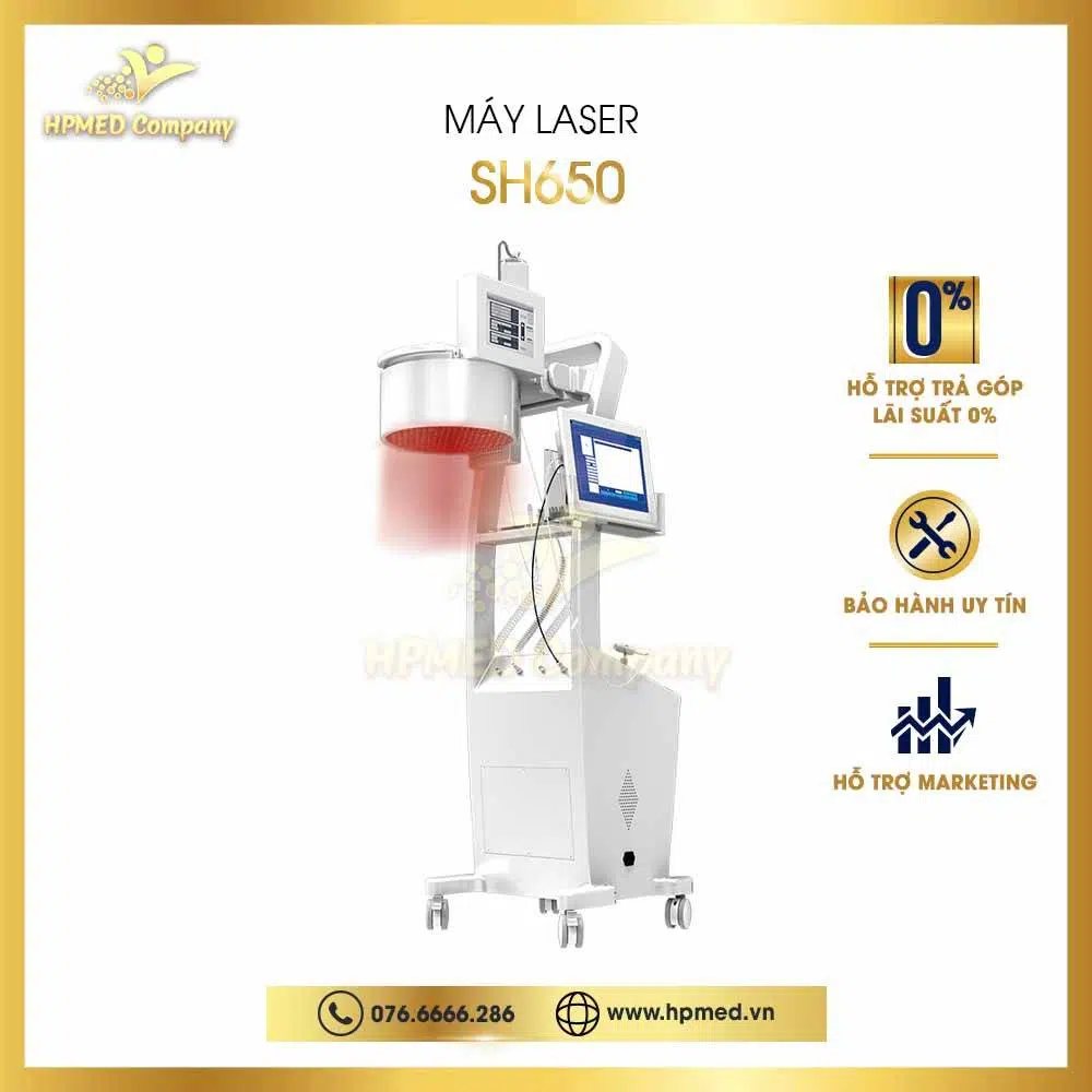 Máy Mọc Tóc laser thẩm mỹ SH650 màu trắng có màn hình điều khiển và đầu chiếu laser đỏ của HPMED Company