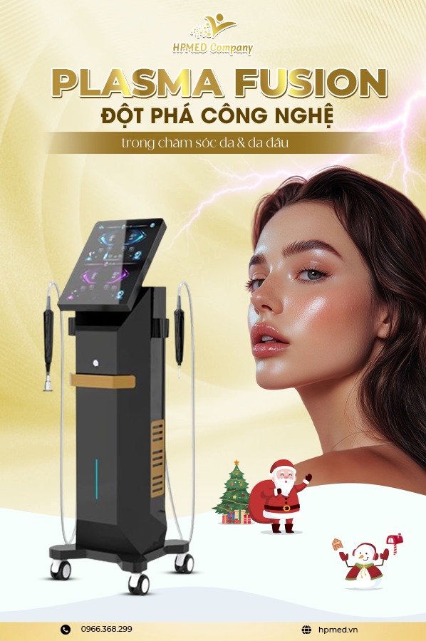 Máy Plasma Fusion chăm sóc da và da đầu HPMED Company cạnh gương mặt nữ giới da sáng mịn