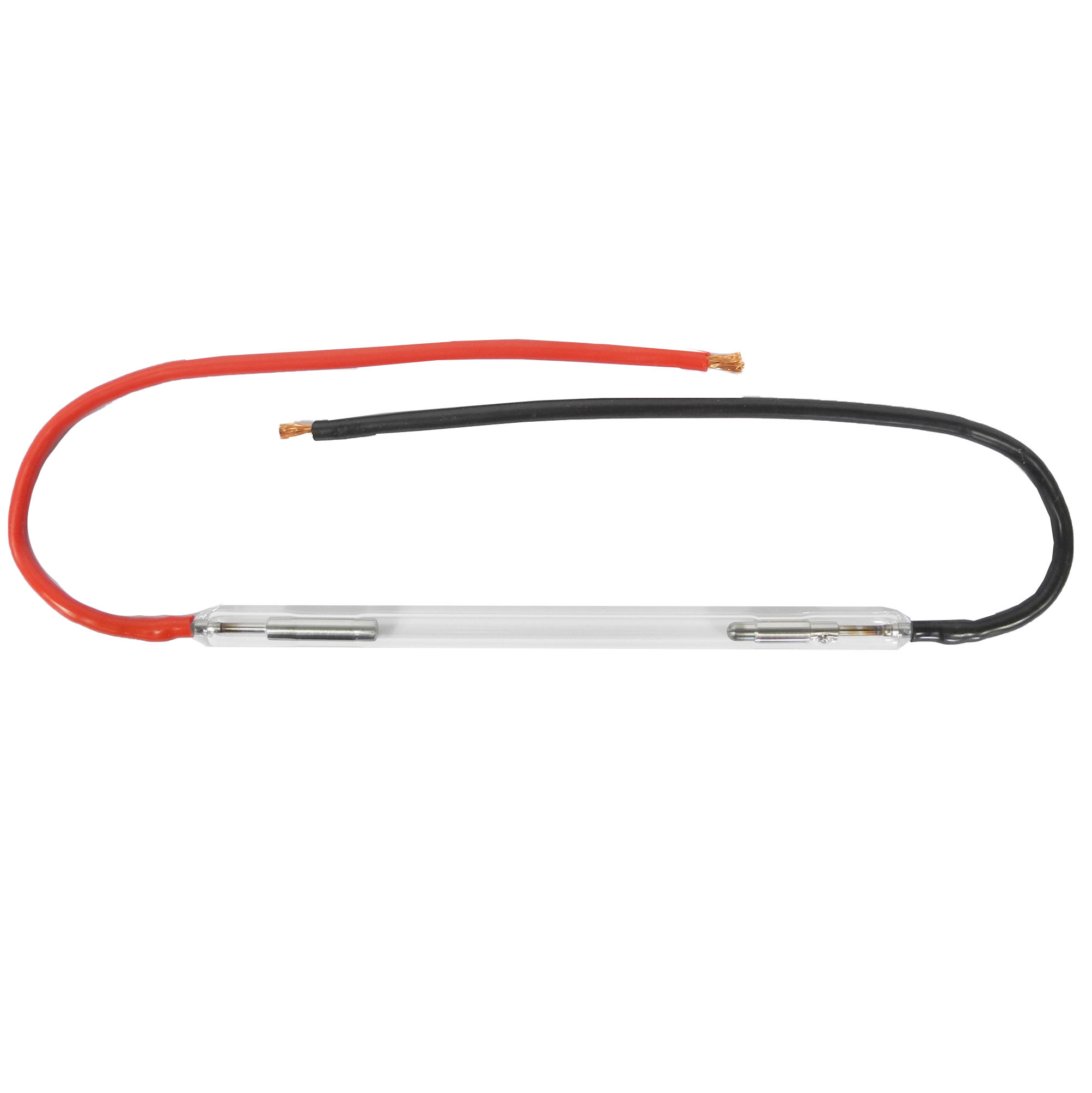 Bóng đèn thạch anh nhỏ với hai dây điện màu đỏ và đen dùng cho thiết bị điện tử