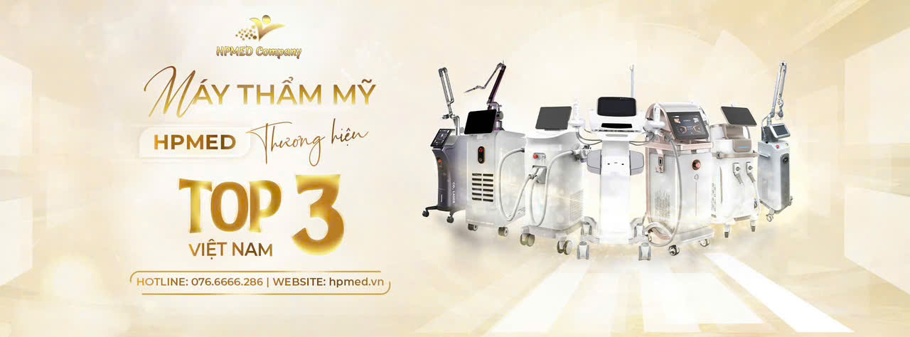 Dàn máy thẩm mỹ công nghệ cao HPMED trưng bày trên nền vàng sang trọng